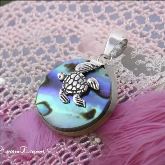 Blue Green Abalone Shell Turtle Pendant in Sterling Silver - Picture 3 of 12